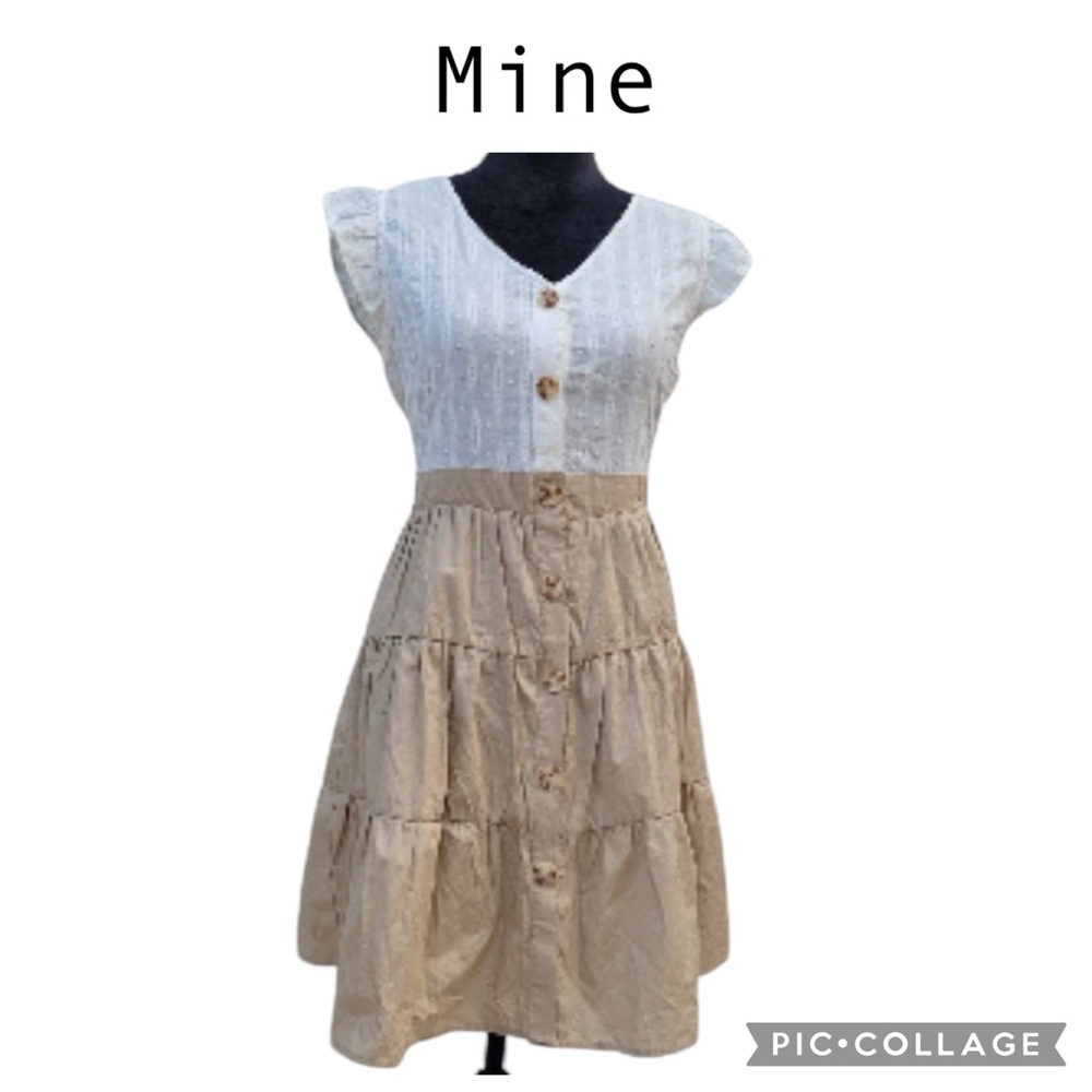 Mine Flutter Cap Sleeve Button Down White Tan Min… - image 1